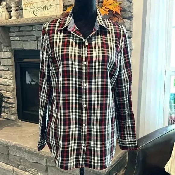 Charter Club Relaxed fit plaid button down blouse, red/black/white/gray – 8 - Picture 1 of 8